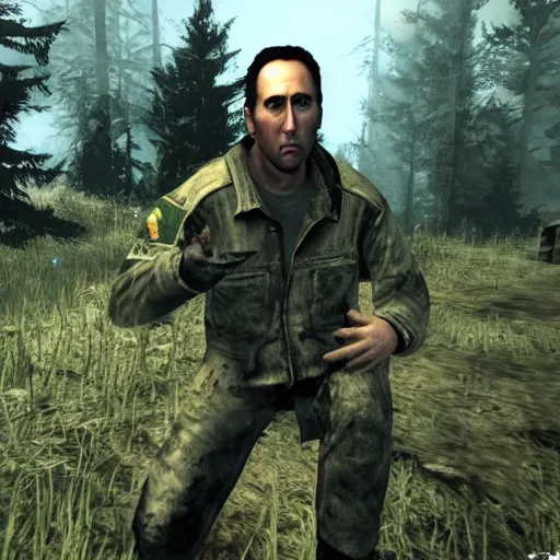 Image similar to Nicholas Cage in S.T.A.L.K.E.R PC game, screenshot, max graphics settings