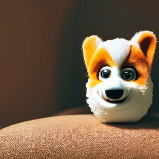 Image similar to a corgi furby toy, photographed by david lynch