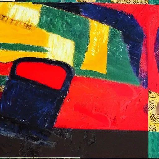 Image similar to A beautiful collage. We are racers on an endless highway, driving at each other at high speeds, deciding whether or not to turn away at the last minute. by Howard Hodgkin romantic