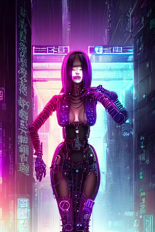 Prompt: portrait futuristic nefarious cyberpunk female Necromancer, in futuristic rainny thunder flashing tokyo rooftop cyberpunk night, ssci-fi, fantasy, intricate, very very beautiful, elegant, neon light, highly detailed, digital painting, artstation, concept art, soft light, hdri, smooth, sharp focus, illustration, art by tian zi and craig mullins and WLOP and alphonse mucha