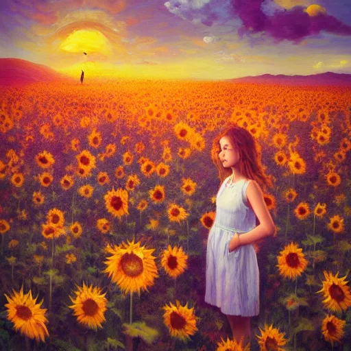 Prompt: girl with a sunflower face, surreal photography, bizzare, dreamlike, otherworldly, standing in flower field, in a valley, sunrise dramatic light, impressionistic painting, colorful clouds, artstation, simon stalenhag