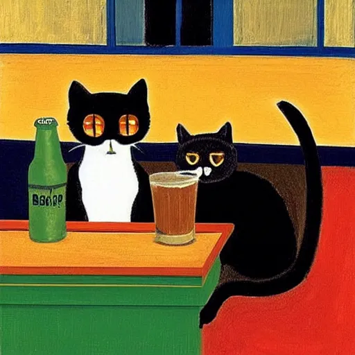 Prompt: three cats drinking beer in a bar, david hockney