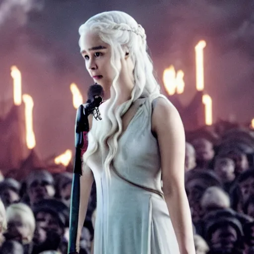 Image similar to daenerys targaryen on stage singing kpop music