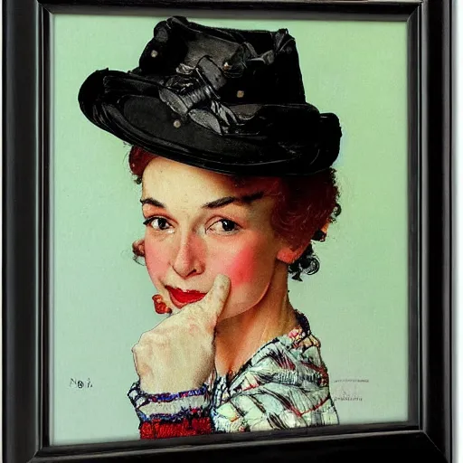 Image similar to frontal portrait of a woman with a giant, ridiculous hat, by norman rockwell