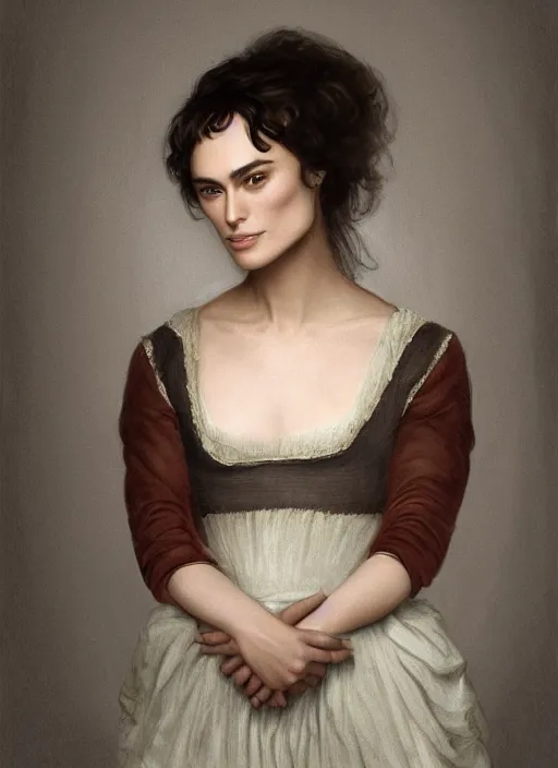 Prompt: a photograpic portrait of Keira Knightley, pride and prejudice, realistic, with kind face, dark hair, georgian dress, intricate, elegant, highly detailed, digital painting, smooth, sharp focus