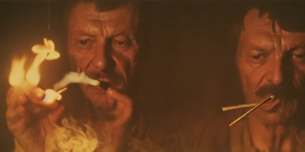 Image similar to detailed medium format photo, polaroid still from tarkovsky movie, sleazy man watching over the zone while smoking a cigarette, haze, high production value, intricate details, 8 k resolution, hyperrealistic, hdr, photorealistic, high definition, tehnicolor, award - winning photography, masterpiece, amazing colors