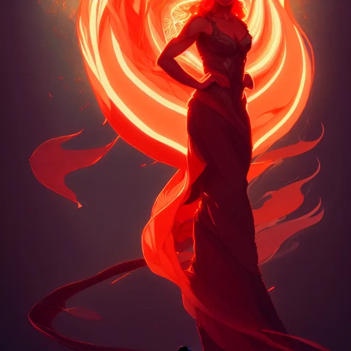 Image similar to style artgerm, joshua middleton, ellen jewett, beautiful kristen bell with dark red dress, very long orange hair, symmetrical face, symmetrical eyes, fire powers fire swirling, detailed, volcano setting, cinematic lighting