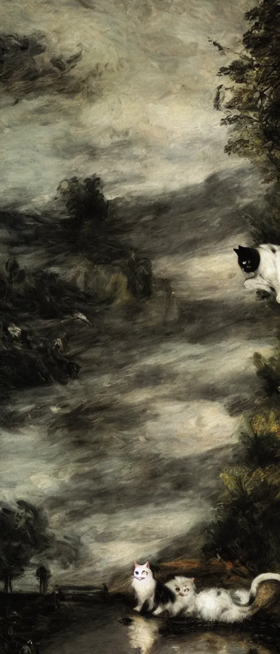 Prompt: a cat with white and black fur floating over a river at night, low exposure, digital painting by john constable, pieter brueghel, dynamic lighting, beautiful render, hd phone wallpaper, octane render, chiaroscuro