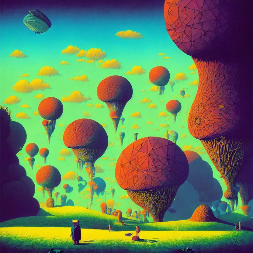 Image similar to surreal glimpse into other universe, zeppelin, island, summer morning, very coherent and colorful high contrast, art by! gediminas pranckevicius! geof darrow, pastel color, volumetric lighting, cinematic, floralpunk screen printing woodblock, dark shadows, hard lighting, stippling art