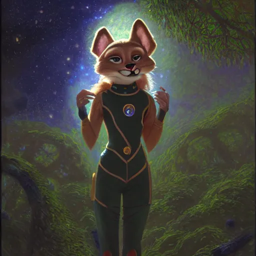 Image similar to a portrait of a female alien in starfleet uniform at night in a dark forest. zootopia fursona furaffinity furry art detailed face painting by gaston bussiere craig mullins jc leyendecker gustav klimt artgerm greg rutkowski furry