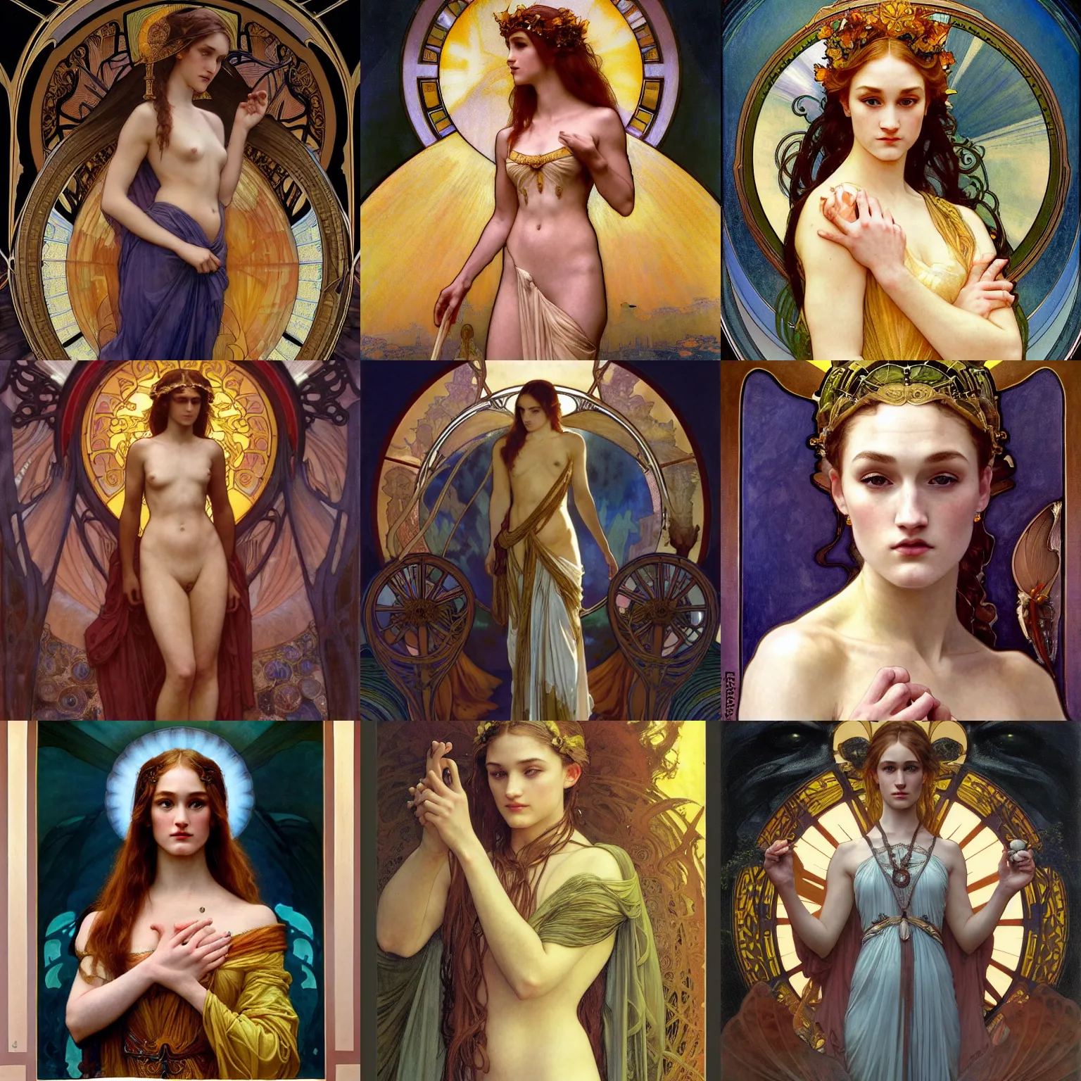 Prompt: stunning, breathtaking, awe-inspiring award-winning concept art nouveau painting of attractive Madison Lintz as the goddess of the sun, with anxious, piercing eyes, by Alphonse Mucha, Michael Whelan, William Adolphe Bouguereau, John Williams Waterhouse, and Donato Giancola, cyberpunk, extremely moody lighting, glowing light and shadow, atmospheric, cinematic, 8K