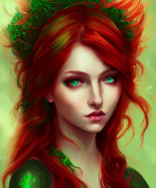 Image similar to Fae teenage girl, portrait, face, long red hair, green highlights, fantasy, intricate, elegant, highly detailed, digital painting, concept art, smooth