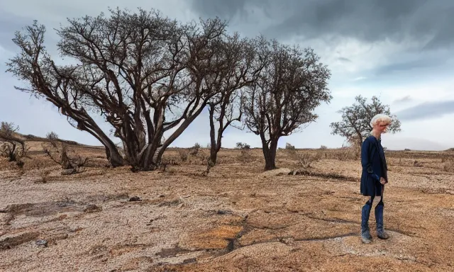 Image similar to medium shot of a nondescript crying ancient dried up Danu, peaceful, facing the camera and standing in front of a dried up river in a desolate land, dead trees, blue sky, hot and sunny with light rain but no clouds, highly-detailed, elegant, dramatic lighting, artstation, 4k, cinematic landscape, photograph by Elisabeth Gadd