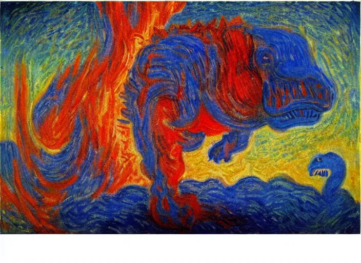 Image similar to painting of the extinction of the dinosaurs with asteroid and fire, in the style of claude monet and vincent van gogh, dramatic lighting red and blue