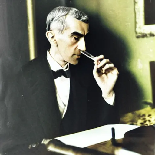 Prompt: colorized photo of Maurice Ravel drinking a glass of yellow liquid