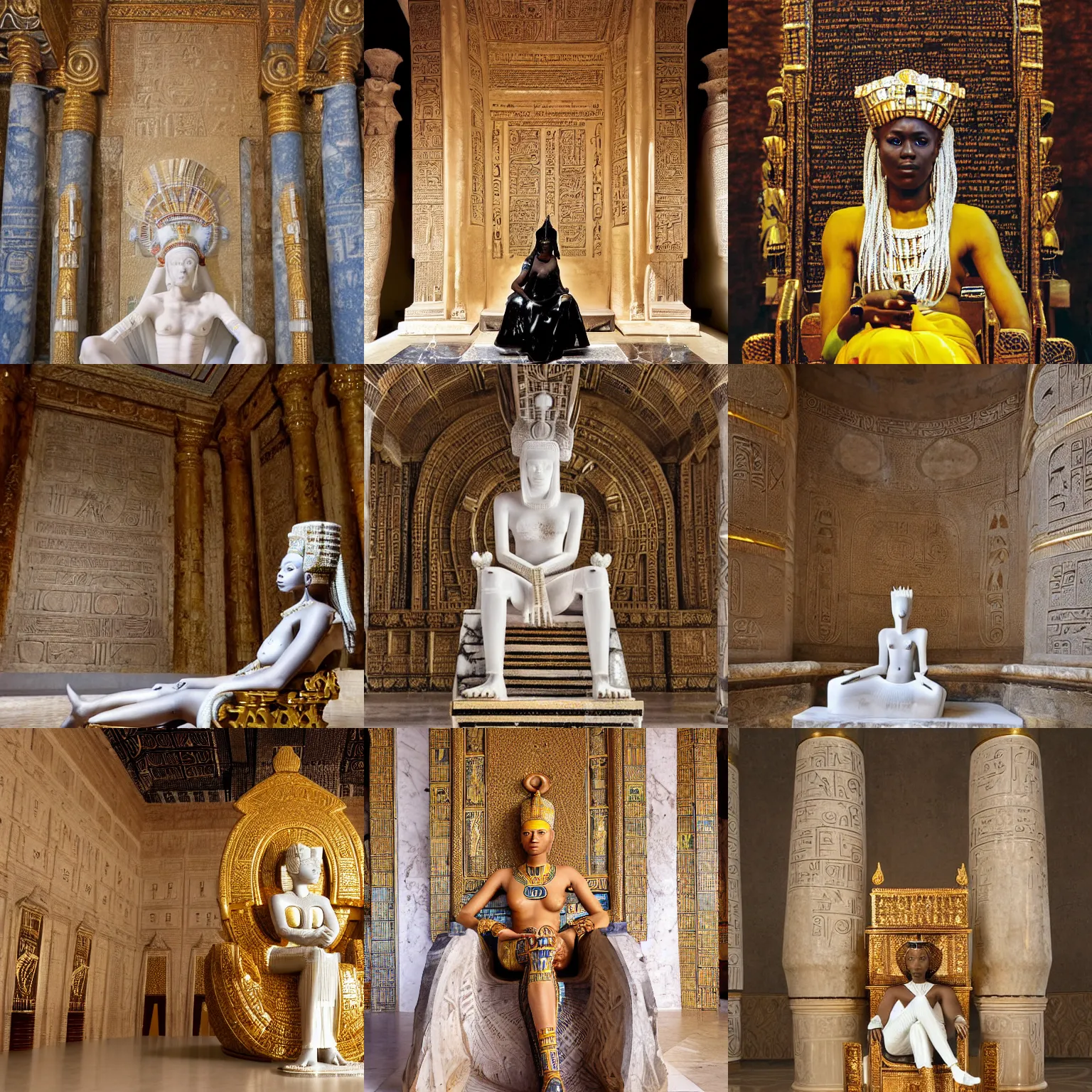 Prompt: a breathtakingly gorgeous albino Senegalese queen seated on her golden throne in the royal hall in the year 8794, afrofuturism, a massive grand staircase of marble behind her, on the crystal walls are ancient and revered hieroglyphics