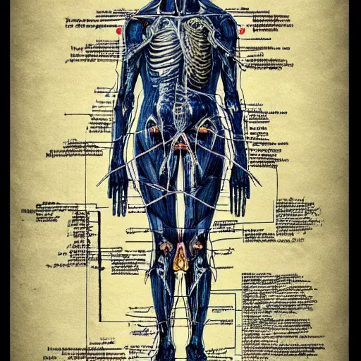 Image similar to anatomical diagram of god's blueprints, schematic, technical diagram, black paper, exceedingly insanely intricate, davinci, circuits, infographic, blueprint, illuminated manuscript, hand drawn, sketch