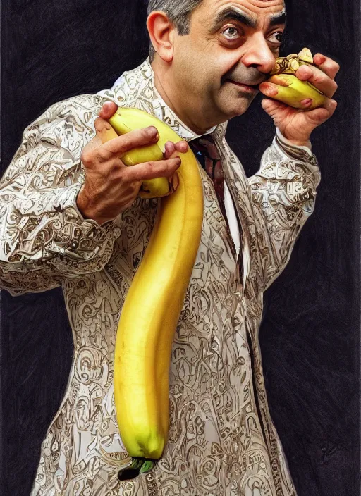 Image similar to Rowan Atkinson as cross eyed Mister Bean holding a banana, intricate, elegant, highly detailed, centered, digital painting, artstation, concept art, smooth, sharp focus, illustration, art by artgerm and donato giancola and alphonse mucha