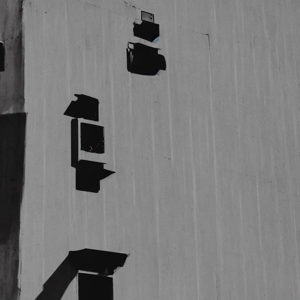 Image similar to black and white security camera image of a black silhouette of a man caught in an abandoned brutalism structure