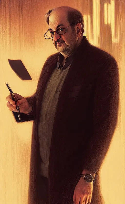 Image similar to portrait of salman rushdie writing in the dark, deep focus, blade runner 2 0 4 9, fantasy, intricate, elegant, highly detailed, digital painting, artstation, concept art, matte, sharp focus, illustration, art by artgerm and greg rutkowski and alphonse mucha