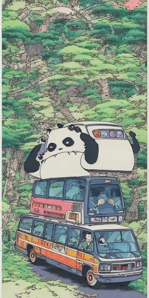 Prompt: a panda bus in japan like totoro, 1990s anime, full color, tarot card the chariot, highly detailed ,