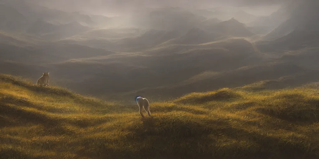 Image similar to breathtaking detailed concept art painting of a lone dog on the top of a hill overlooking a small town, by hsiao - ron cheng, extremely moody lighting, 8 k