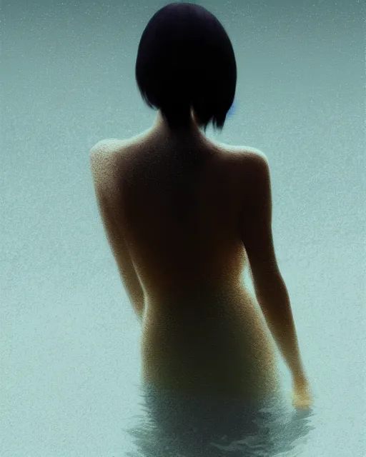 Image similar to closeup shot, flash long exposure of a back of asian woman fashion posing in the lake, minimal background, high fashion style, digital illustration by ruan jia, sharp focus, high details