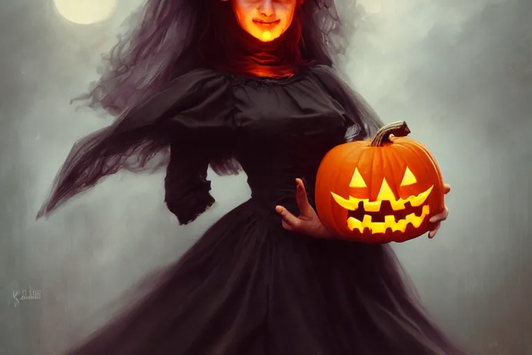 Image similar to portrait of a ghoulish victorian witch holding a jack - o - lantern, halloween night, charlie bowater, artgerm, ilya kuvshinov, krenz cushart, ruan jia, realism, ultra detailed, 8 k resolution