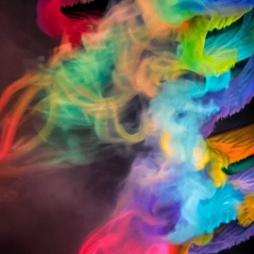 Image similar to multi color smoke, one smoke is the shape of a small ( outstretched ribbed wings and head of an ancient dragon ), billowy, hdr, 8 k, 4 k