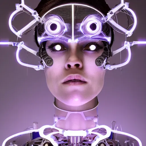 Prompt: beautiful Fine art photo portrait of entranced Brooke Burke as a solarpunk robotic goddess, white mechanical parts with led lights, photorealistic, white background, highly detailed and intricate, sun lighting, 8k