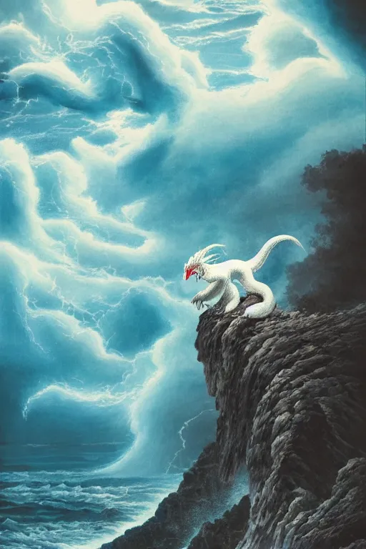 Image similar to Japanese poster art of a white dragon in front of the sea during a storm, cliffs, clouds, thunder, 4k, colourful