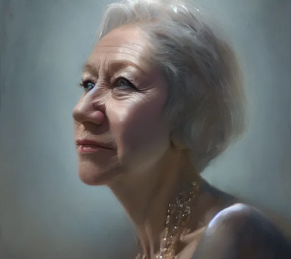 Prompt: a hyper-detailed photograph of Helen Mirren by Craig Mullins; oil on canvas; trending on artstation