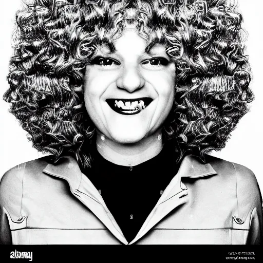 Image similar to symmetrical human portrait of lisa simpson with blonde curly hair, grainy high contrast black and white photography photo print ilford warm tone