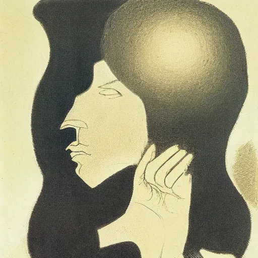 Prompt: A beautiful print of a self-portrait of the artist. He is shown with his head turned to the left, looking at the viewer. His hair is wild and his eyes are wide open. His right hand is raised, as if he is pointing at something. by Lyonel Feininger flowing