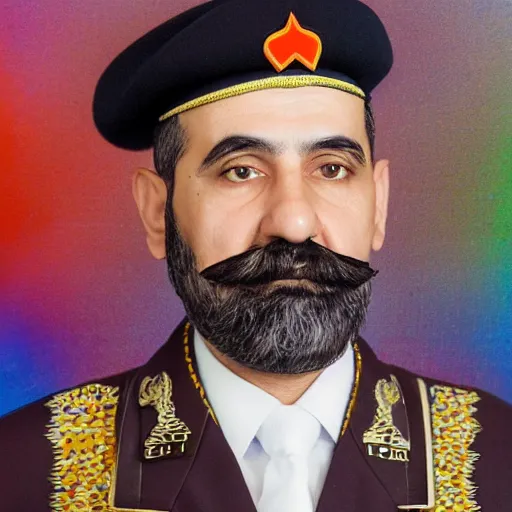 Image similar to professional portrait of an arab military general with a big mustache wearing a beret, rainbow background, 8 k, intricate, detailed,