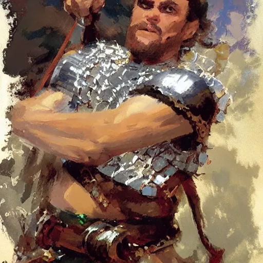 Image similar to portrait of rider wearing chainmail holding bow, detailed by greg manchess, craig mullins, bernie fuchs, walter everett, low angle