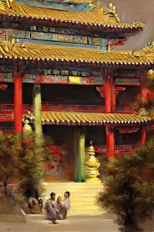 Image similar to Chinese temple, painting by Gaston Bussiere, Craig Mullins