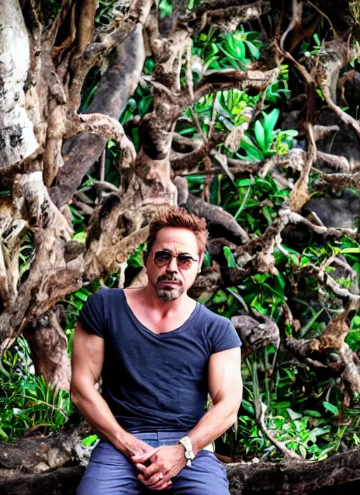 Image similar to a full portrait photo of robert downey jr holiday in bali, f / 2 2, 3 5 mm, 2 7 0 0 k, lighting, perfect faces, award winning photography.