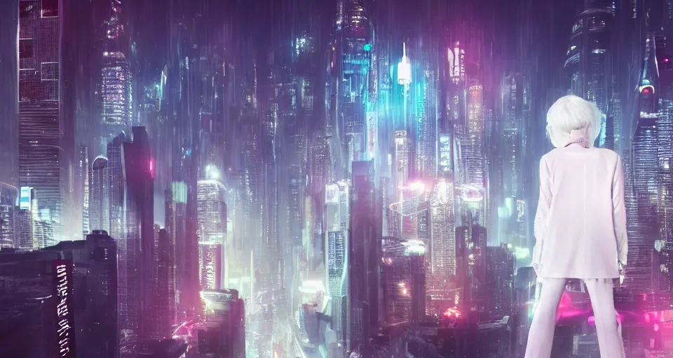 Prompt: blade runner 2 0 4 9 style amazing white hair sci - fi japanese girl hologram on the cyberpanck city, skyscrapers, cute face