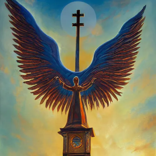 Prompt: a church with wings, flapping its wings flying in sunset sky, oil on canvas, portrait, intricate, 8k highly professionally detailed, HDR, CGsociety