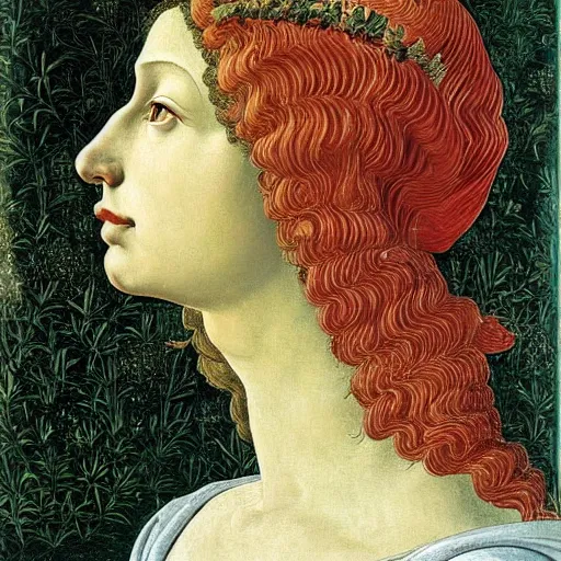 Prompt: portrait of tyrannosaurus as italian queen, painting by botticelli