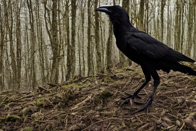 Prompt: human mixed with a crow, photograph captured in a dark forest