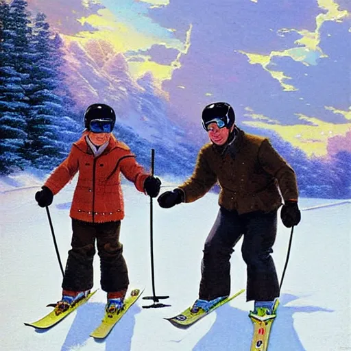 Prompt: a father and son snow skiing together, nostalgic, thomas kinkade