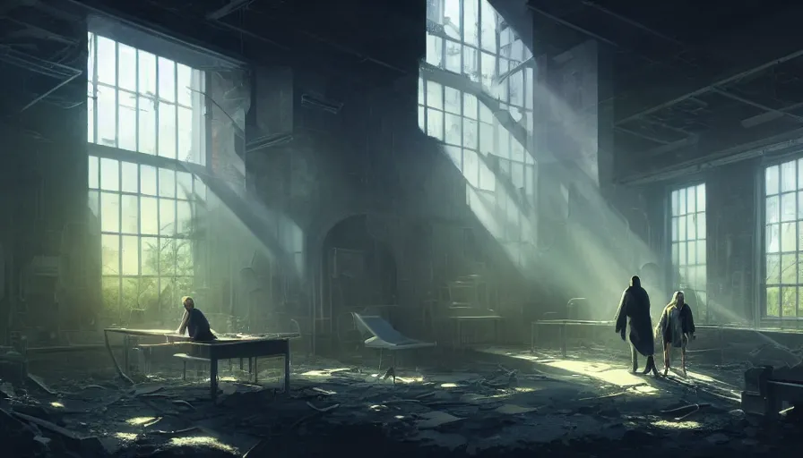 Image similar to high tech nomands exploring abandoned laboratory, light, shadows, reflections, steam, epic composition, intricate, elegant, volumetric lighting, digital painting, highly detailed, artstation, sharp focus, illustration, concept art, ruan jia, steve mccurry