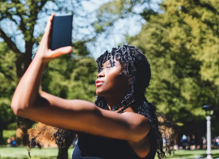 Image similar to photo still of a bronze statue of a woman using an iphone to take a selfie in a park on a bright sunny day, 8 k 8 5 mm f 1 6