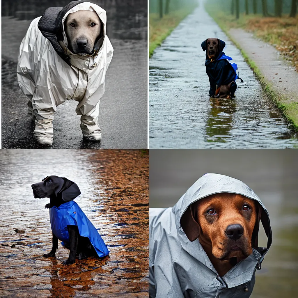Prompt: a Labrador in a raincoat, mid day, Canon 43mm hard light