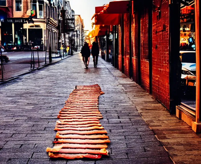 Prompt: A strip of bacon walking down the street, 4K, HD, Digital Art