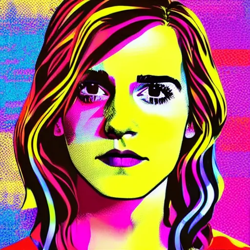 Image similar to rainbow emma watson as hermione. pop art.