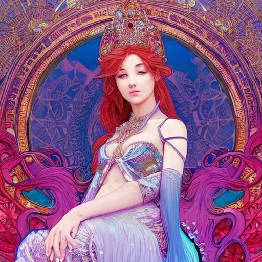 Image similar to A beautiful ice princess sitting on her throne, very colourful, highly detailed, artstation, intricate, smooth, sharp focus, bright, happy, illustration, art by Artgerm and Greg Rutkowski and Alphonse Mucha and Yuumei, good clear quality, lighting, biology, symmetrical artwork, perfect face, 135 mm, cinematic, hyper realism, glittering ice, dark, moonlight, high detail, octane render, 8k, crimson highlights