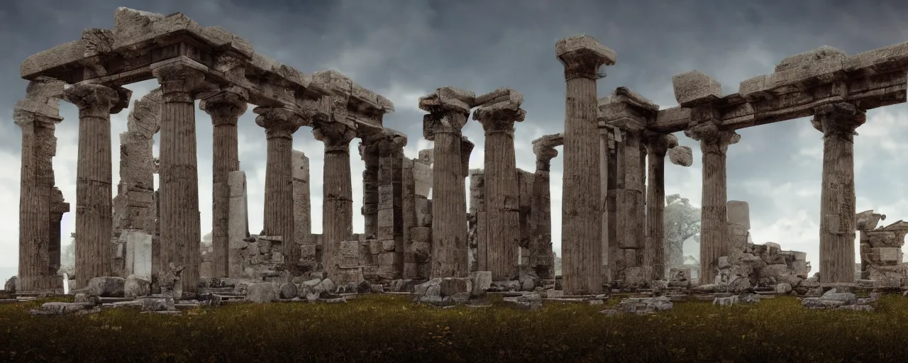 Image similar to !dream an ancient ruined temple of the old Pagan Gods, 8k hyper realistic, Photorealistic, rendered by Octane